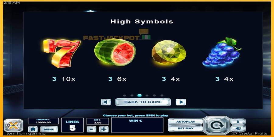 Hrací automat: 27 Crystal Fruits s reálnou šancou na výhru