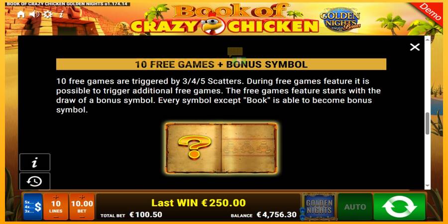 Hrací automat: Book of Crazy Chicken Golden Nights s reálnou šancou na výhru