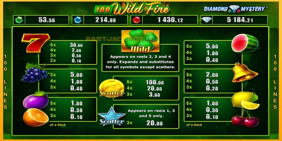 Hrací automat: Diamond Mystery 100 Wild Fire s reálnou šancou na výhru