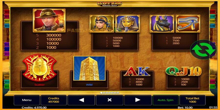 Hrací automat: Egypt King Obelisk Quest s reálnou šancou na výhru