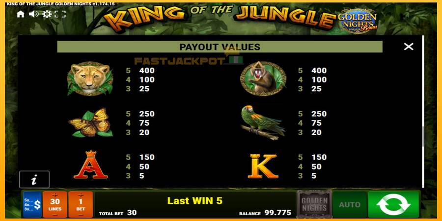 Hrací automat: King of the Jungle Golden Nights s reálnou šancou na výhru