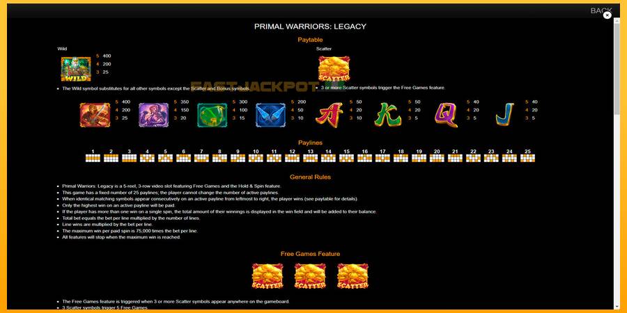 Hrací automat: Primal Warriors: Legacy s reálnou šancou na výhru