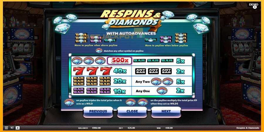 Hrací automat: Respins Diamonds s reálnou šancou na výhru